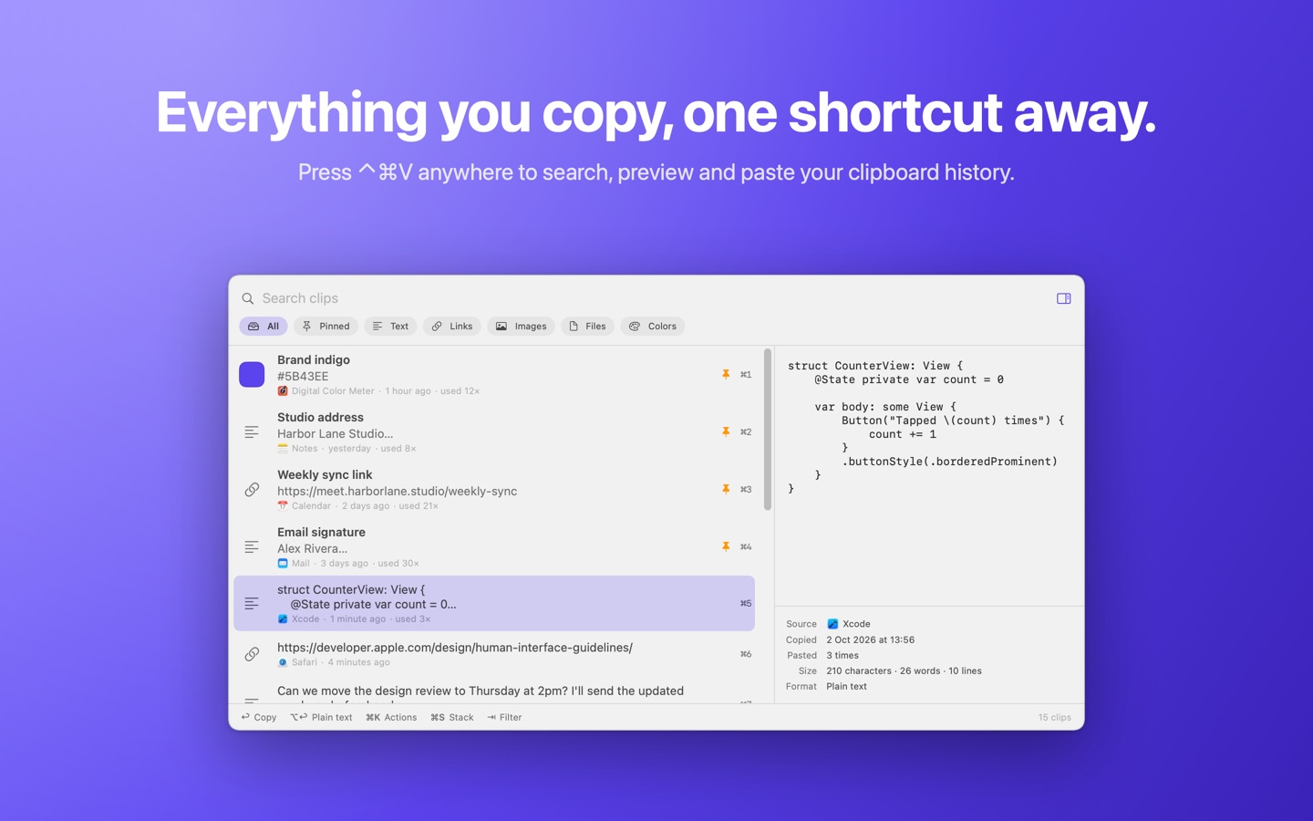 Copyfold's search panel listing recent clips with a preview of the selected one