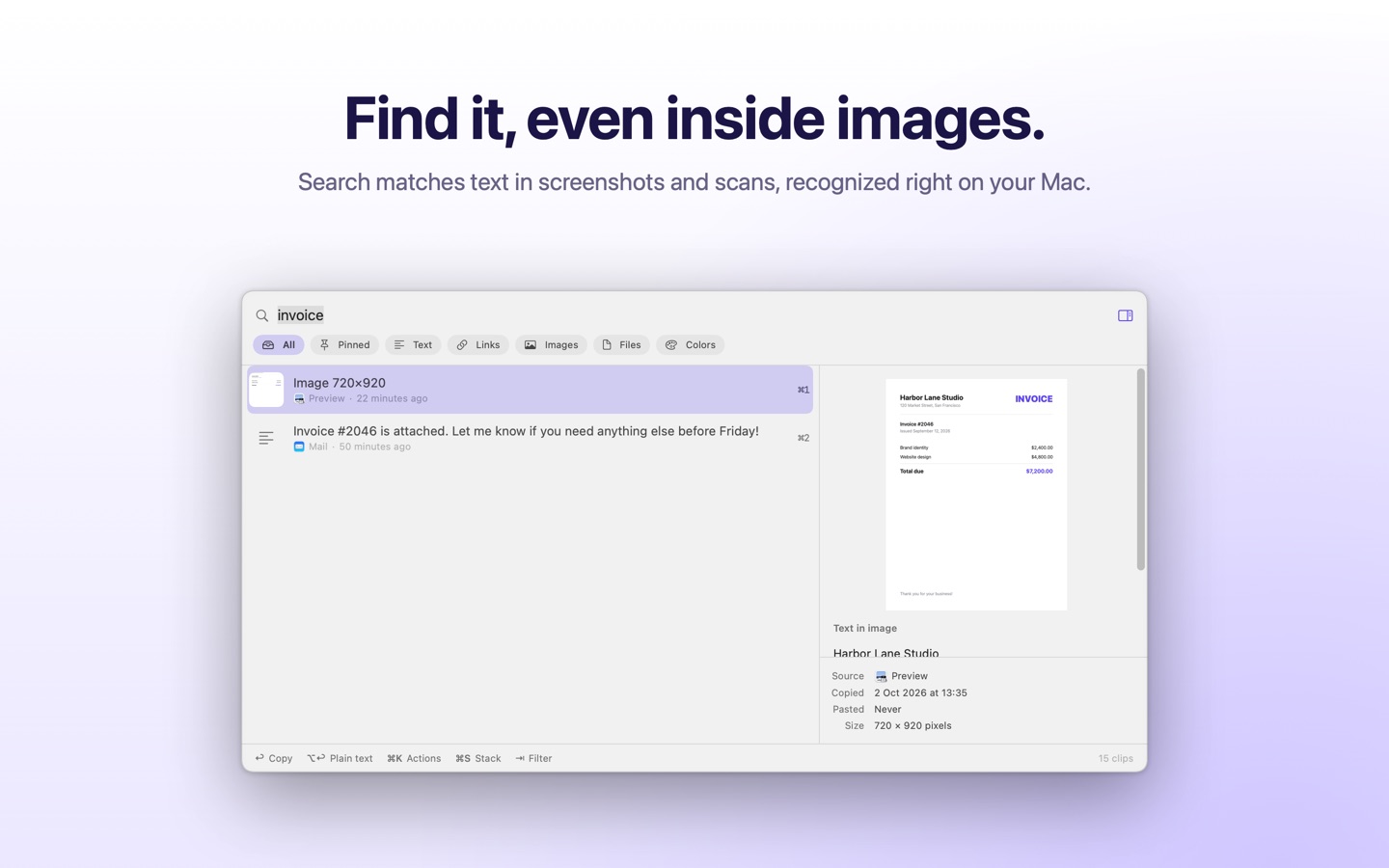 Searching for invoice finds a scanned invoice by its text