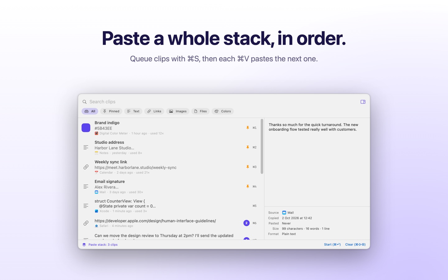 Three clips queued in the paste stack
