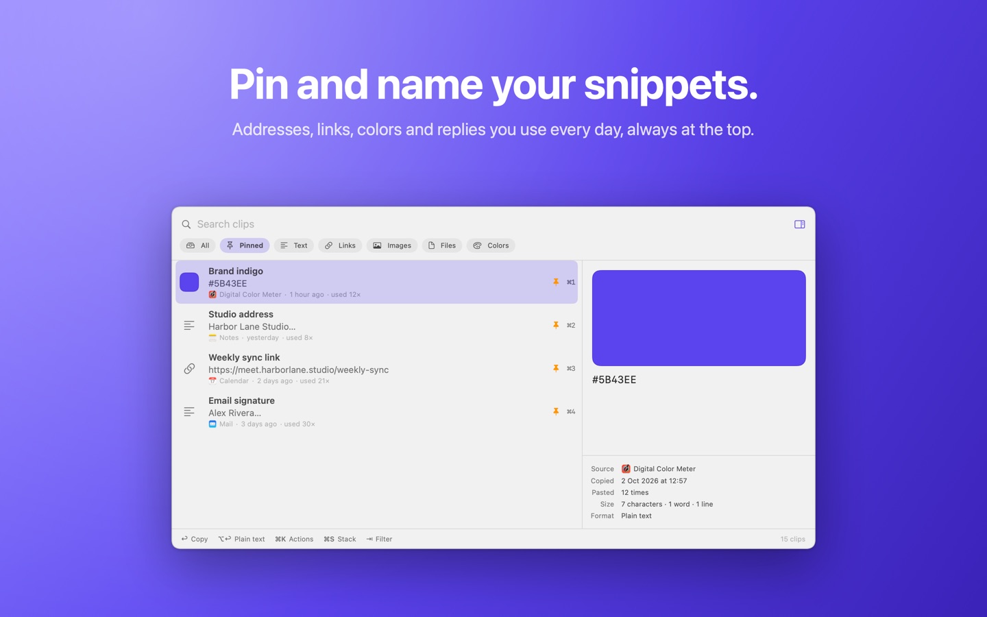 Pinned clips with names, and a color swatch preview