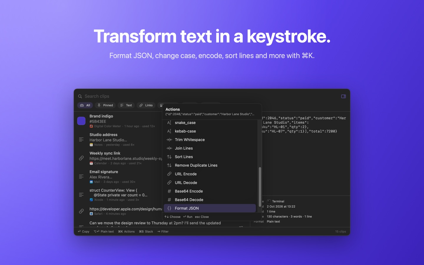 The actions menu with Format JSON selected, in dark mode