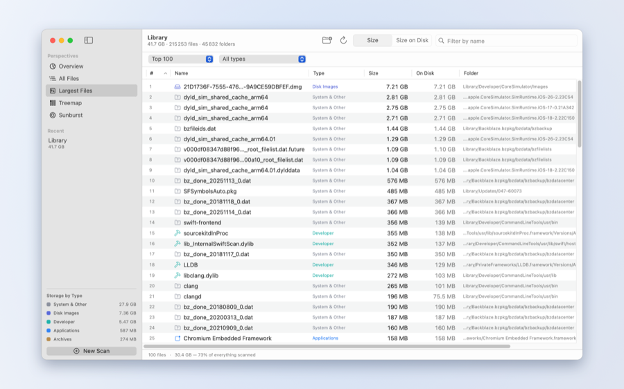 Largest Files list ranked by size
