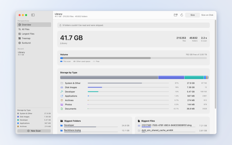 Overview showing totals, free space and a breakdown by file type