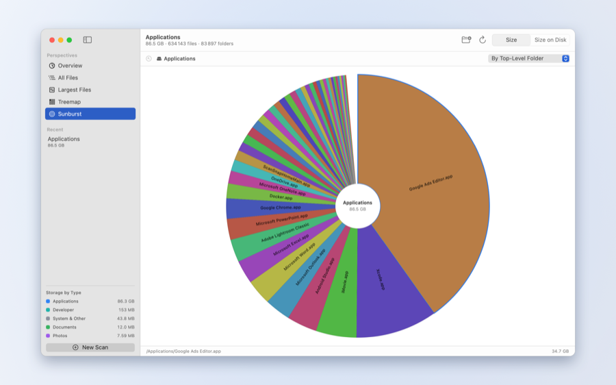 Sunburst chart of folder sizes