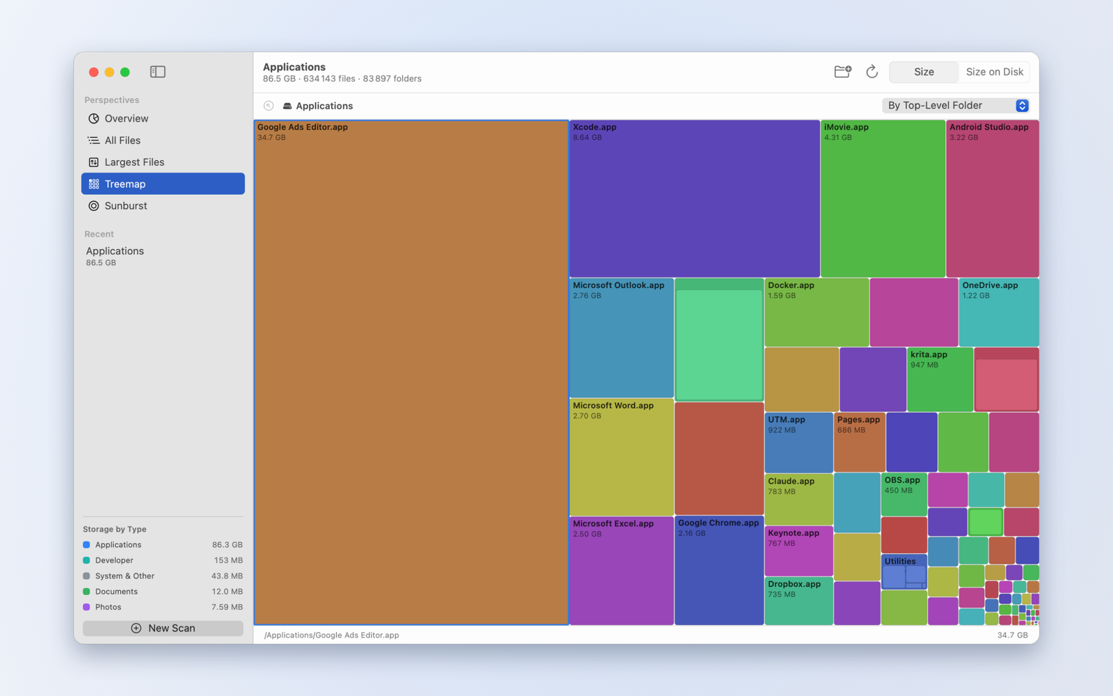 Disk Space Usage showing a treemap of the Applications folder