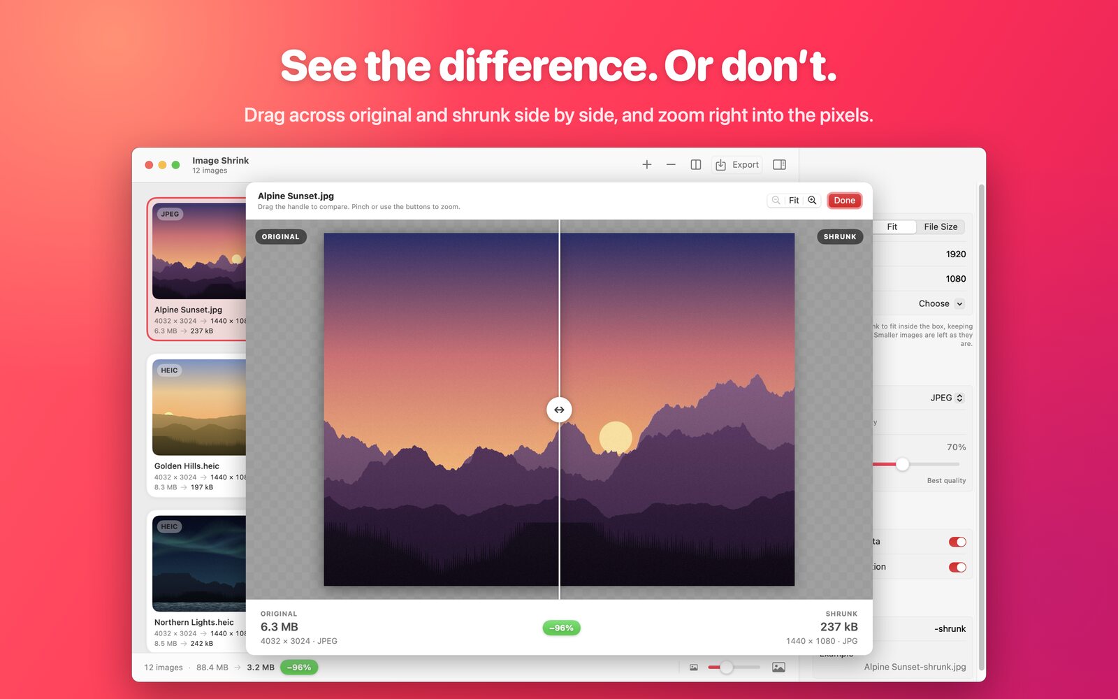 Before and after comparison with a draggable divider between the original and shrunk photo