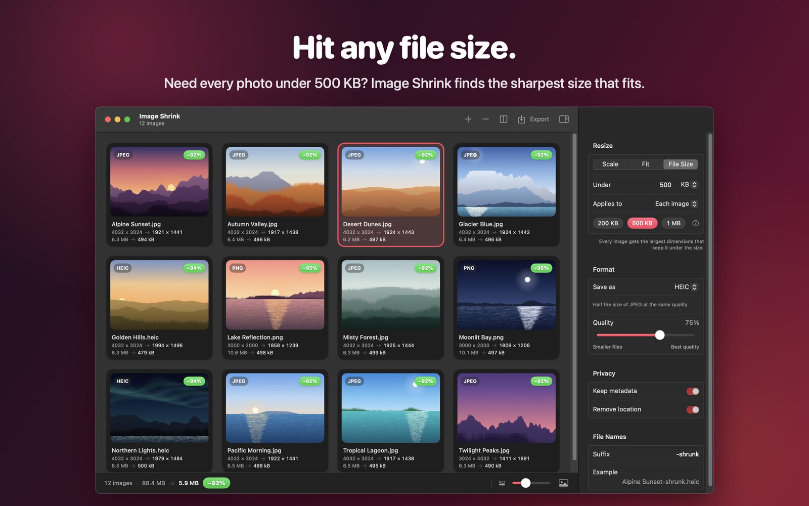 File size mode set to under 500 KB per image, saving as HEIC, in dark mode