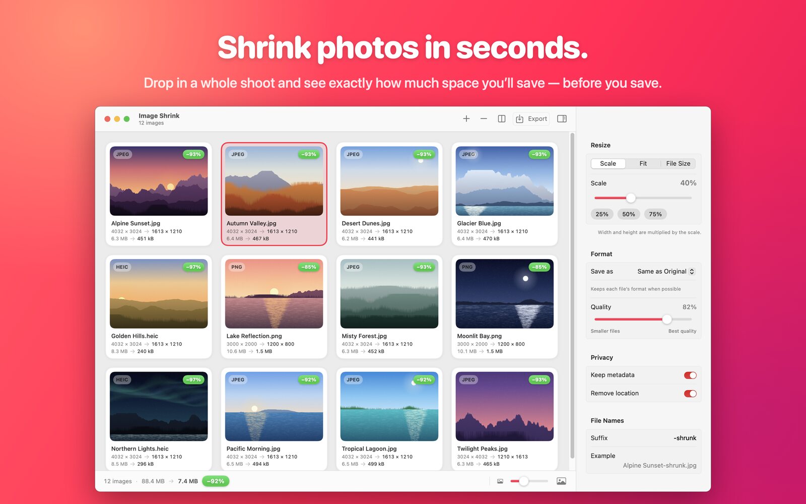 Image Shrink showing a grid of photos with their savings